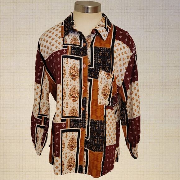TruSelf Boho Patchwork Button Down Shirt Womens Medium Cotton Blend - Picture 1 of 6